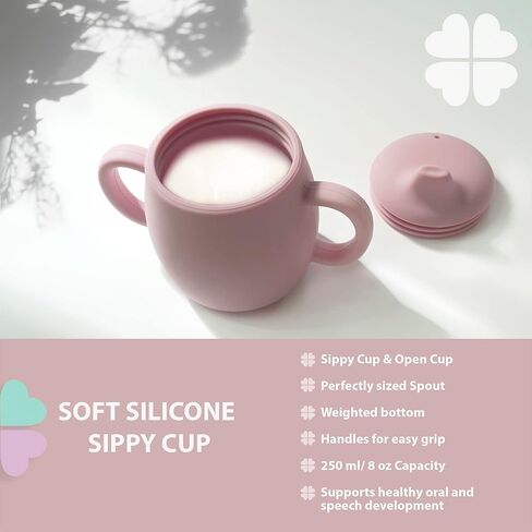 مجموعة مستلزمات الفطام للأطفال من كلوفر كلوفر، 9 قطع - مجموعة تغذية الأطفال الصغار - طبق شفط مقسم من السيليكون مع غطاء، وعاء شفط، كوب سيبي، 2 مريلة، 2 ملعقة ناعمة وشوكة 6 أشهر فما فوق (وردي غير لامع) in Kuwait