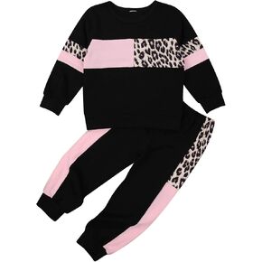 Toddler Baby Girl Clothes Leopard Printed Color Block Sweatsuit Sweatshirt and Pants 2PCS Fall Winter Outfit in Kuwait