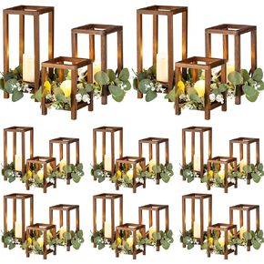 Soaoo 24 Pcs Wooden Candle Lantern Wedding Centerpiece for Table Rustic Wood Lantern Candle Holder Farmhouse Lantern for Wedding Party Baby Shower(Brown, 7.87 Inch, 10.59 Inch, 12.99 Inch High)