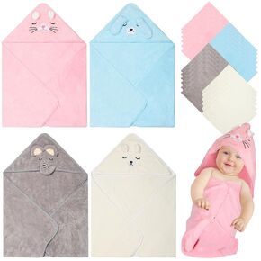 Preboun 28 Pcs Baby Washcloths and Baby Bath Towel Set Soft Microfiber Coral Fleece Wash Cloths for Babies Absorbent 31.5 x 31.5 Inch Hooded Baby Towels for Newborn Infant Toddler Gift Supplies Face in Kuwait