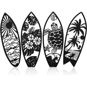 Therwen 4 Pcs Metal Surf Board Wall Decor Summer Tropical Metal Surfboard Beach Signs Wall Decor Tropical Wall Decor Palm Tree Wall Art Turtle Wall Decoration Summer Wall Decor for Wall Door (Black)