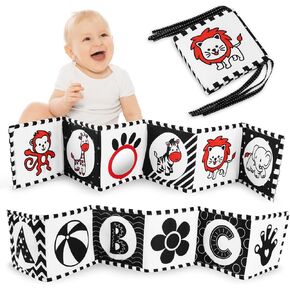 Vicloon Black and White High Contrast Baby Toys, Soft Baby Book for Newborn 0-3-6-12 Months, Infant Tummy Time Toys, Early Education Sensory Toys, Visual Stimulation Folding Cloth Book for Boys Girls