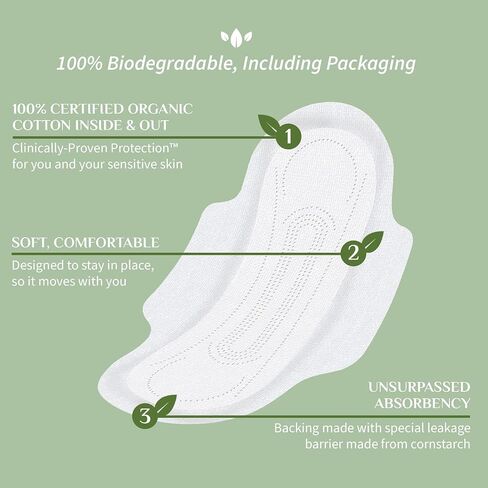 Organyc New and Improved 100% Certified Organic Cotton Overnight Feminine Pads, Heaviest Flow, Super Absorbency, 28 Count in Kuwait