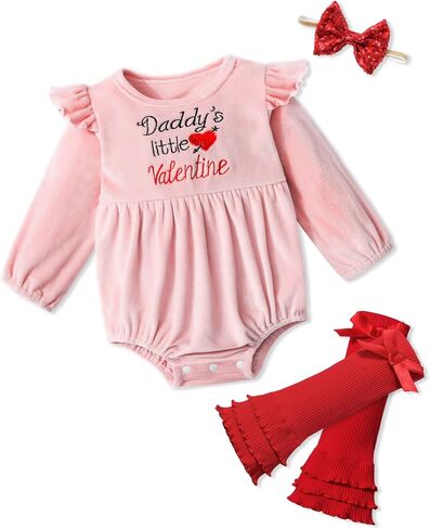 ملابس عيد الحب للفتيات الصغيرات من Daddys Little Valentine رومبير مخملي + تدفئة الساق + عصابة رأس مكونة من 3 قطع in Kuwait