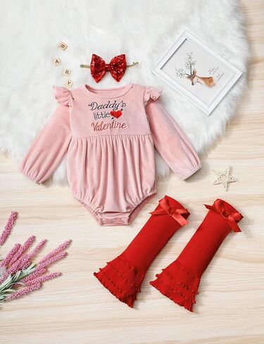 ملابس عيد الحب للفتيات الصغيرات من Daddys Little Valentine رومبير مخملي + تدفئة الساق + عصابة رأس مكونة من 3 قطع in Kuwait