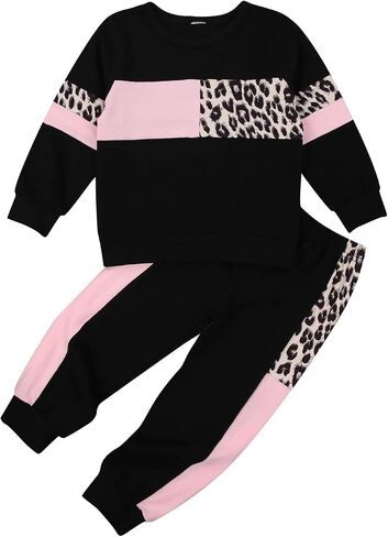 Toddler Baby Girl Clothes Leopard Printed Color Block Sweatsuit Sweatshirt and Pants 2PCS Fall Winter Outfit in Kuwait