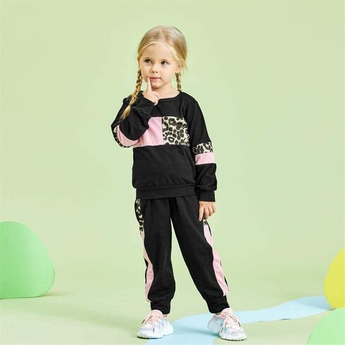 Toddler Baby Girl Clothes Leopard Printed Color Block Sweatsuit Sweatshirt and Pants 2PCS Fall Winter Outfit in Kuwait