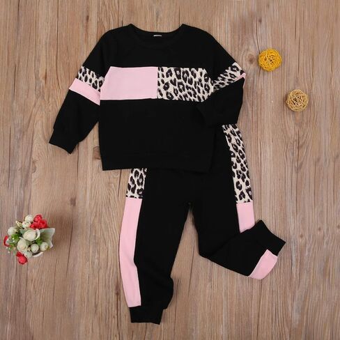 Toddler Baby Girl Clothes Leopard Printed Color Block Sweatsuit Sweatshirt and Pants 2PCS Fall Winter Outfit in Kuwait