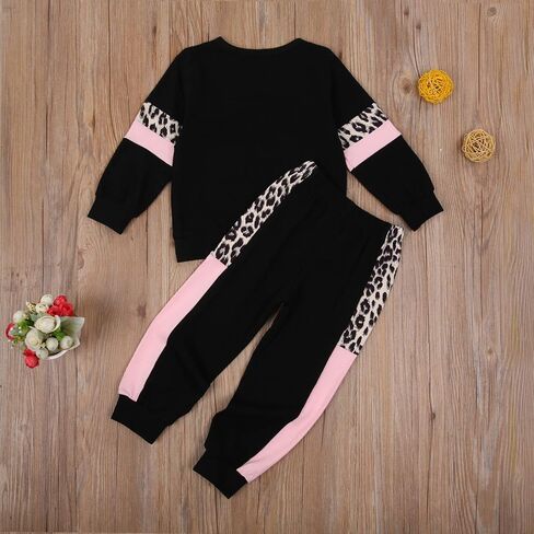 Toddler Baby Girl Clothes Leopard Printed Color Block Sweatsuit Sweatshirt and Pants 2PCS Fall Winter Outfit in Kuwait