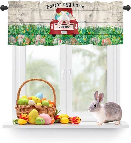 Easter Window Valance,Bunny Butt Eggs Farm Truck Valances for Kitchen Windows,Spring Grass Rabbit Rod Pocket Valance Curtain,Retro Wood Plank Short Curtains Window Treatment for Bedroom 42x12in in Kuwait