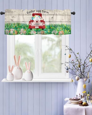 Easter Window Valance,Bunny Butt Eggs Farm Truck Valances for Kitchen Windows,Spring Grass Rabbit Rod Pocket Valance Curtain,Retro Wood Plank Short Curtains Window Treatment for Bedroom 42x12in in Kuwait