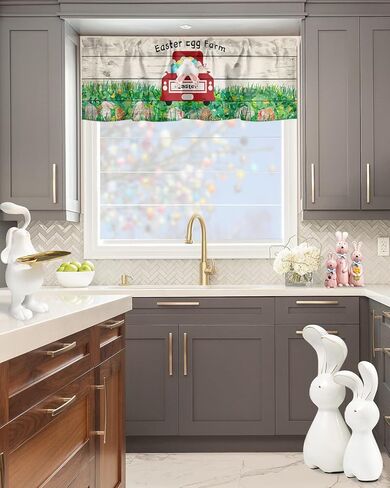 Easter Window Valance,Bunny Butt Eggs Farm Truck Valances for Kitchen Windows,Spring Grass Rabbit Rod Pocket Valance Curtain,Retro Wood Plank Short Curtains Window Treatment for Bedroom 42x12in in Kuwait
