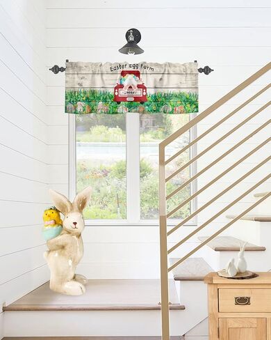 Easter Window Valance,Bunny Butt Eggs Farm Truck Valances for Kitchen Windows,Spring Grass Rabbit Rod Pocket Valance Curtain,Retro Wood Plank Short Curtains Window Treatment for Bedroom 42x12in in Kuwait