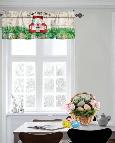 Easter Window Valance,Bunny Butt Eggs Farm Truck Valances for Kitchen Windows,Spring Grass Rabbit Rod Pocket Valance Curtain,Retro Wood Plank Short Curtains Window Treatment for Bedroom 42x12in in Kuwait