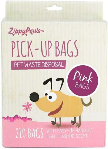 ZippyPaws - أكياس التقاط فضلات الكلاب، أكياس نفايات كبيرة قوية مع مقابض سهلة الربط، مقاس 14.5 بوصة × 5.5 بوصة - وردي، عدد 210 in Saudi Arabia