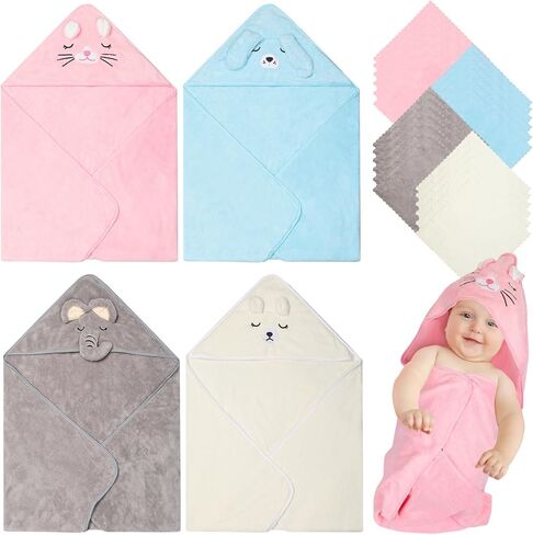 Preboun 28 Pcs Baby Washcloths and Baby Bath Towel Set Soft Microfiber Coral Fleece Wash Cloths for Babies Absorbent 31.5 x 31.5 Inch Hooded Baby Towels for Newborn Infant Toddler Gift Supplies Face in Kuwait