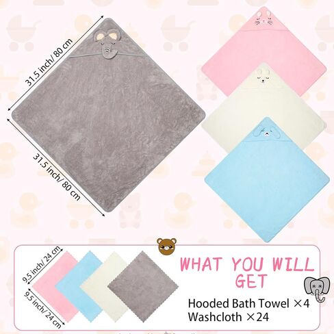 Preboun 28 Pcs Baby Washcloths and Baby Bath Towel Set Soft Microfiber Coral Fleece Wash Cloths for Babies Absorbent 31.5 x 31.5 Inch Hooded Baby Towels for Newborn Infant Toddler Gift Supplies Face in Kuwait