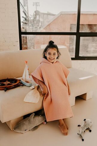 Jade&Kai Hooded Towel for Kids | Snaps into a Poncho | Organic Cotton Waffle | Lightweight and Absorbent | Bath, Beach, and Pool | Multiple Colors | (Medium (3-6 Yrs), June Breeze) in Kuwait
