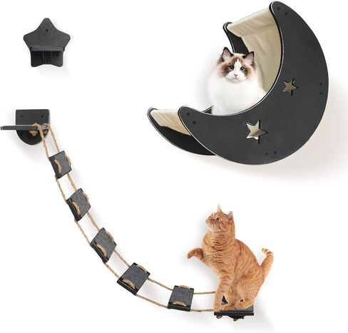 VOOTTOU Cat Hammock Cat Wall Shelves, Mordern Cat Wall Furniture Cat Moon Bed with 1 Climbing Bridge and 1 Stair Step, Cat Furniture Set with Cat Bed Cat Walker Bridge Shelf, Gift for Cat (Burlywood) in Kuwait