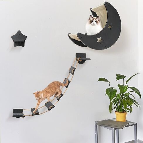 VOOTTOU Cat Hammock Cat Wall Shelves, Mordern Cat Wall Furniture Cat Moon Bed with 1 Climbing Bridge and 1 Stair Step, Cat Furniture Set with Cat Bed Cat Walker Bridge Shelf, Gift for Cat (Burlywood) in Kuwait