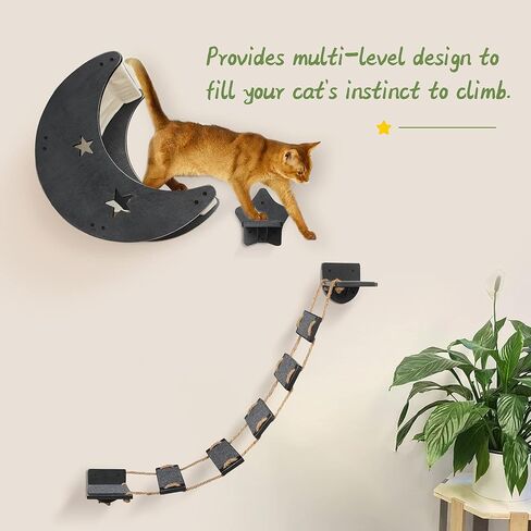 VOOTTOU Cat Hammock Cat Wall Shelves, Mordern Cat Wall Furniture Cat Moon Bed with 1 Climbing Bridge and 1 Stair Step, Cat Furniture Set with Cat Bed Cat Walker Bridge Shelf, Gift for Cat (Burlywood) in Kuwait
