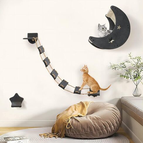 VOOTTOU Cat Hammock Cat Wall Shelves, Mordern Cat Wall Furniture Cat Moon Bed with 1 Climbing Bridge and 1 Stair Step, Cat Furniture Set with Cat Bed Cat Walker Bridge Shelf, Gift for Cat (Burlywood) in Kuwait