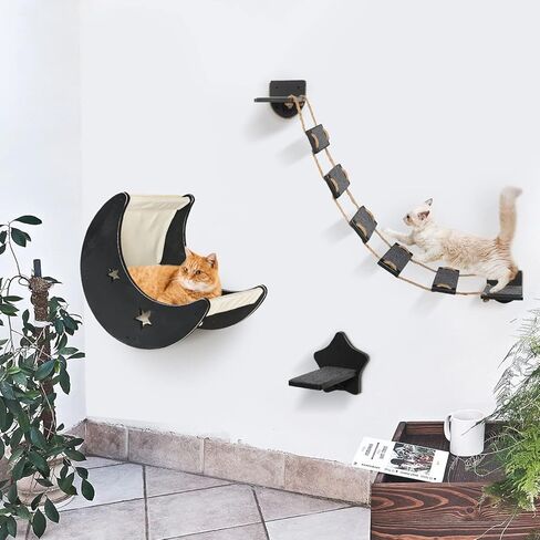 VOOTTOU Cat Hammock Cat Wall Shelves, Mordern Cat Wall Furniture Cat Moon Bed with 1 Climbing Bridge and 1 Stair Step, Cat Furniture Set with Cat Bed Cat Walker Bridge Shelf, Gift for Cat (Burlywood) in Kuwait
