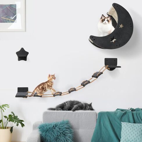 VOOTTOU Cat Hammock Cat Wall Shelves, Mordern Cat Wall Furniture Cat Moon Bed with 1 Climbing Bridge and 1 Stair Step, Cat Furniture Set with Cat Bed Cat Walker Bridge Shelf, Gift for Cat (Burlywood) in Kuwait