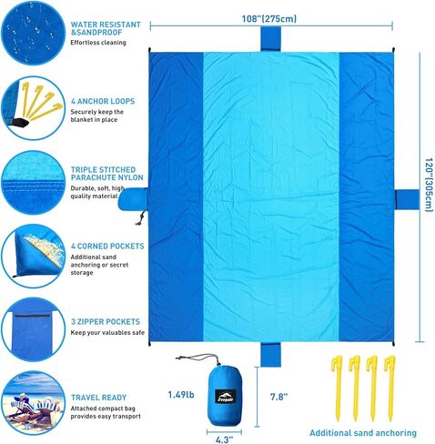 بطانية شاطئ Zeepair مقاومة للماء ومضادة للرمال كبيرة الحجم مقاس 10 × 9 أقدام، سجادة شاطئ خارجية كبيرة جدًا وخالية من الرمال وقابلة للطي وخفيفة الوزن للنزهة مع 4 أوتاد و8 جيوب لقضاء العطلات والسفر والتخييم والمشي لمسافات طويلة in Kuwait
