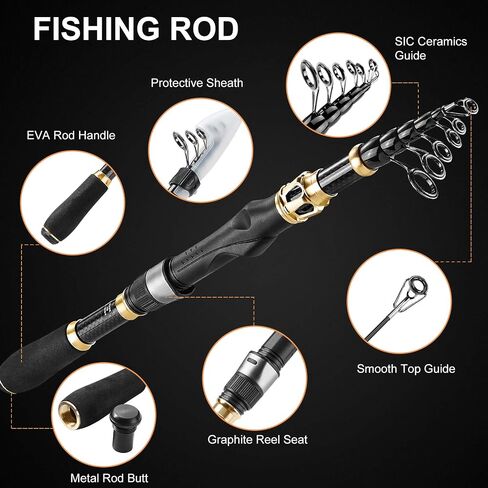 PLUSINNO Fishing Rod and Reel Combo, Telescopic Fishing Pole Kit with Spinning Reel, Tackle Box, Fishing Lures and Travel Carrying Bag, Fishing Gear Gifts for Men in Kuwait