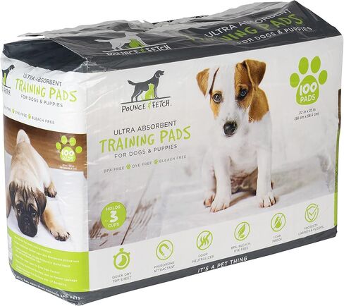 Pounce + Fetch 100 Pack Dog Training Pads | Puppy Pee Pad | BPA Free | 22" x 23" | Absorbent & Leak Proof | Odor Neutralizer | Disposable | Grey in Kuwait