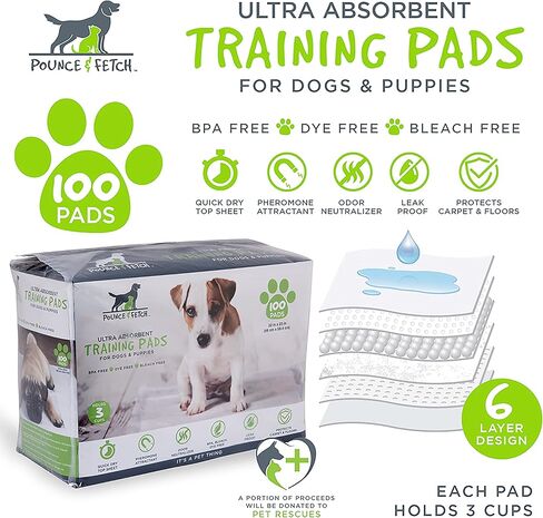 Pounce + Fetch 100 Pack Dog Training Pads | Puppy Pee Pad | BPA Free | 22" x 23" | Absorbent & Leak Proof | Odor Neutralizer | Disposable | Grey in Kuwait