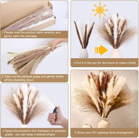 ديكور عشب بامباس المجفف، 10 قطع من عشب بامباس الأبيض، 10 قطع من عشب بامباس البني، 10 قطع من ذيول الأرنب، 10 قطع من عشب القصب، 10 قطع من آذان القمح الخضراء لتزيين المنزل والزفاف (17.5 بوصة) in Kuwait