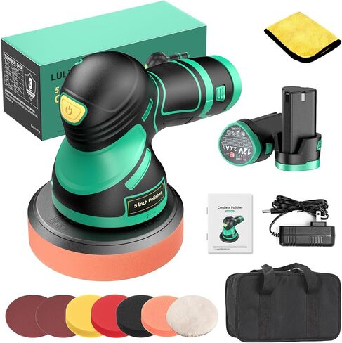 LULYDAY Cordless Buffer Polisher, 5 inch Car Buffer Polisher with 12mm Random Orbital, w/ 2 X 2.0Ah Batteries, 6 Variable Speed Buffer Polisher for Car Detailing/ Waxing/ Polishing in Kuwait
