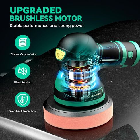 LULYDAY Cordless Buffer Polisher, 5 inch Car Buffer Polisher with 12mm Random Orbital, w/ 2 X 2.0Ah Batteries, 6 Variable Speed Buffer Polisher for Car Detailing/ Waxing/ Polishing in Kuwait