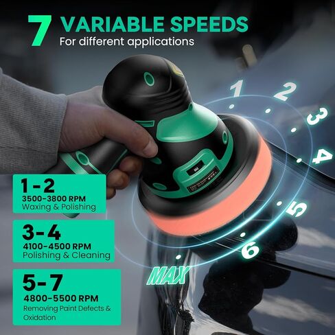 LULYDAY Cordless Buffer Polisher, 5 inch Car Buffer Polisher with 12mm Random Orbital, w/ 2 X 2.0Ah Batteries, 6 Variable Speed Buffer Polisher for Car Detailing/ Waxing/ Polishing in Kuwait