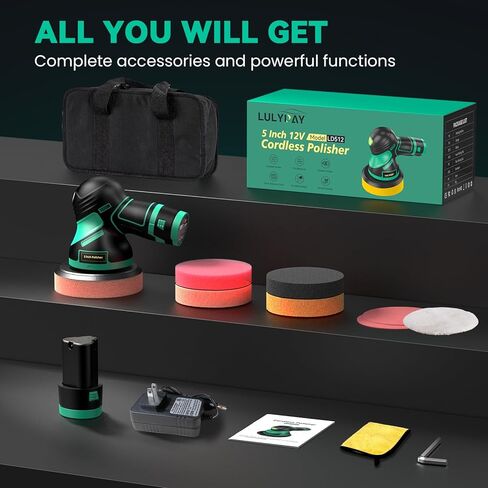 LULYDAY Cordless Buffer Polisher, 5 inch Car Buffer Polisher with 12mm Random Orbital, w/ 2 X 2.0Ah Batteries, 6 Variable Speed Buffer Polisher for Car Detailing/ Waxing/ Polishing in Kuwait