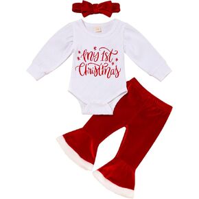 My First Christmas Outfit Newborn Baby Girl Bodysuit Snowflake Plaid Ruffle Bell Bottom Pants Headband Christmas Clothes Set in Kuwait