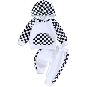 Karuedoo Toddler Baby Boy Girl Clothes Fall Winter Outfits Checkered Plaid Long Sleeve Hoodie Sweatshirt and Jogger Pants Set