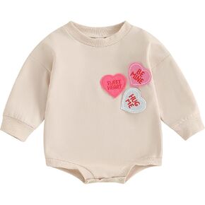 Molgkyo Newborn Baby Girl Boy Valentines Day Outfit Heart Letter Print Long Sleeve Sweatshirt Romper Infant Bubble Onesie