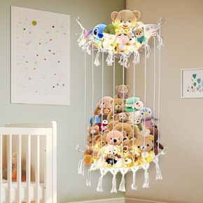 تيمارت شبكة حيوانات محشوة او ارجوحة، تخزين حيوانات محشوة بطول قابل للتعديل، حامل العاب قطيفة للزاوية مع اضواء، منظم العاب معلق بنمط بوهو شبكي لغرفة نوم الاطفال in Kuwait