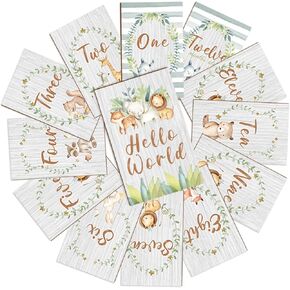 Anyzal Animals Baby إعلان علامة بطاقات معلم شهرية علامات خشبية معلم شهري مجموعة خشبية من 13 الدعائم التصوير الفوتوغرافي لحديثي الولادة للطفل صبي أو فتاة هدية لأم جديدة in Kuwait