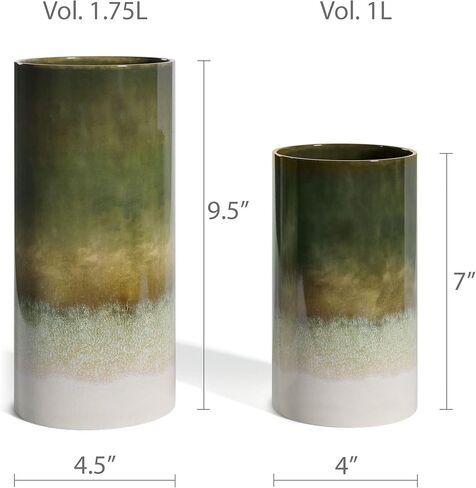 مجموعة زهرية من السيراميك الحجري للسوق الحديث، مزهريات السيراميك المزرعة ديكور المنزل، ديكور منزلي محايد للأرفوف، مزهريات ديكور خزف للديكور المنزلي المزرعة، أومبري أخضر، مجموعة من 2، 9.5 بوصة / 7 بوصة in Kuwait