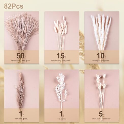 VaryFloral 92 قطعة من عشب بامباس ديكور طبيعي مجفف مع ذيل أرنب الأوكالبتوس مزيج باقة بوهو ديكور المنزل رقيق صغير من عشب بامباس لطاولة مركزية لحفلات الزفاف وغرفة المعيشة in Kuwait