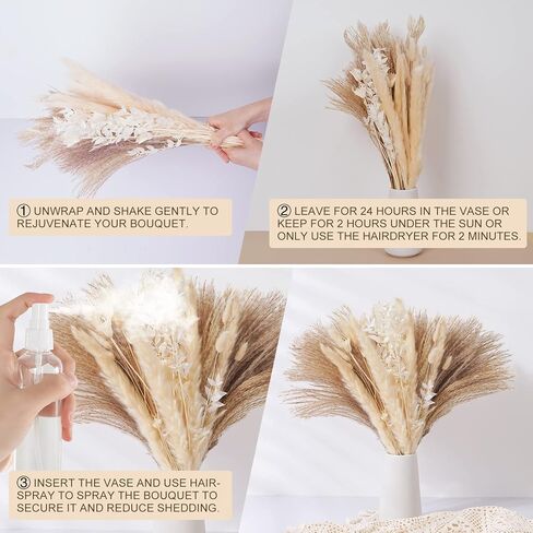 VaryFloral 92 قطعة من عشب بامباس ديكور طبيعي مجفف مع ذيل أرنب الأوكالبتوس مزيج باقة بوهو ديكور المنزل رقيق صغير من عشب بامباس لطاولة مركزية لحفلات الزفاف وغرفة المعيشة in Kuwait