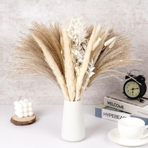 VaryFloral 92 قطعة من عشب بامباس ديكور طبيعي مجفف مع ذيل أرنب الأوكالبتوس مزيج باقة بوهو ديكور المنزل رقيق صغير من عشب بامباس لطاولة مركزية لحفلات الزفاف وغرفة المعيشة in Kuwait