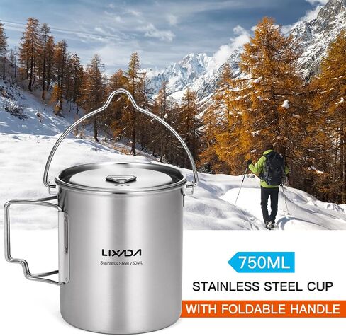 Lixada Camping Cup Pot,750ml Stainless Steel Water Cup Mug with Foldable Handles and Lid for Outdoor Camping Hiking Backpacking in Saudi Arabia