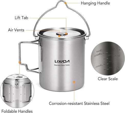 Lixada Camping Cup Pot,750ml Stainless Steel Water Cup Mug with Foldable Handles and Lid for Outdoor Camping Hiking Backpacking in Saudi Arabia