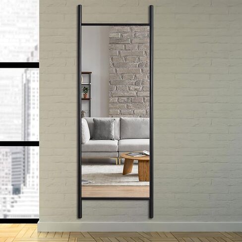 NeuType Full Length Mirror 65"x22", Rustic Leaning Ladder Floor Mirror with Wood Frame, Dressing Mirror Wall Mounted for Bedroom Living Room, Black in Saudi Arabia
