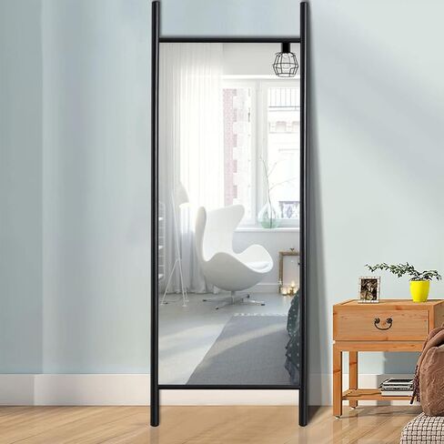 NeuType Full Length Mirror 65"x22", Rustic Leaning Ladder Floor Mirror with Wood Frame, Dressing Mirror Wall Mounted for Bedroom Living Room, Black in Saudi Arabia